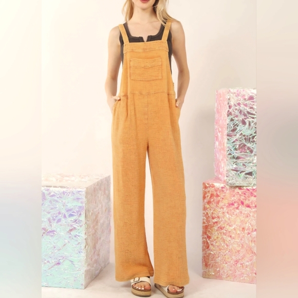 new in Pants - NWT Distressed Mustard Yellow Cotton Muslin Jumpsuit, L